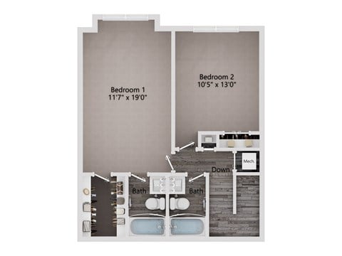 Floor plan for 2 beds, 2 baths, 1325 sqft